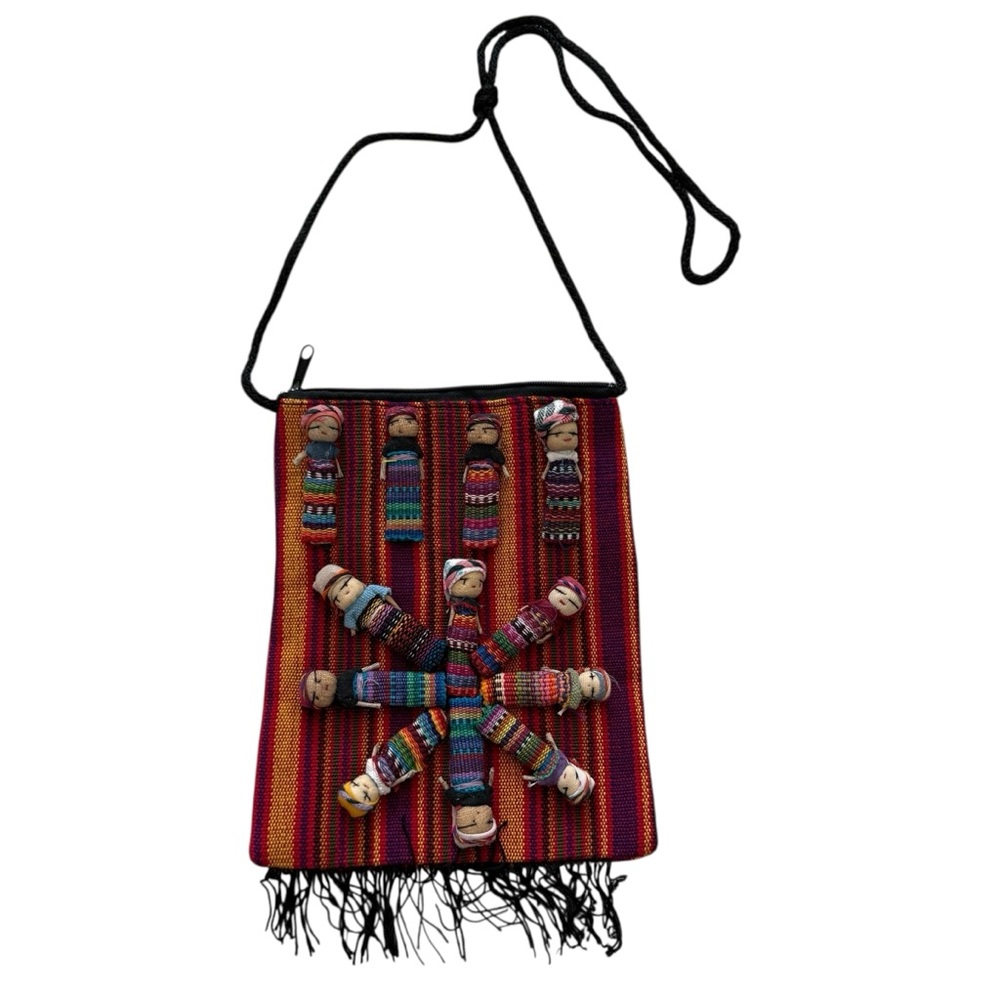 Multicolor Handcrafted Woven Crossbody Bag with Worry Dolls Boho Enthnic Trabal